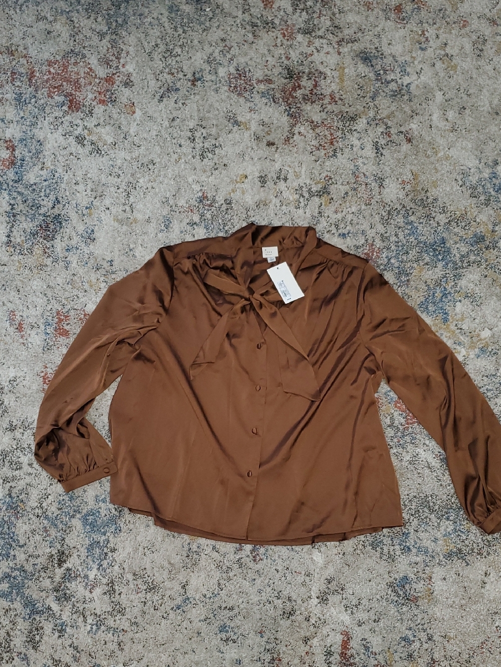 A New Day Brown Satin Tie-Neck Blouse